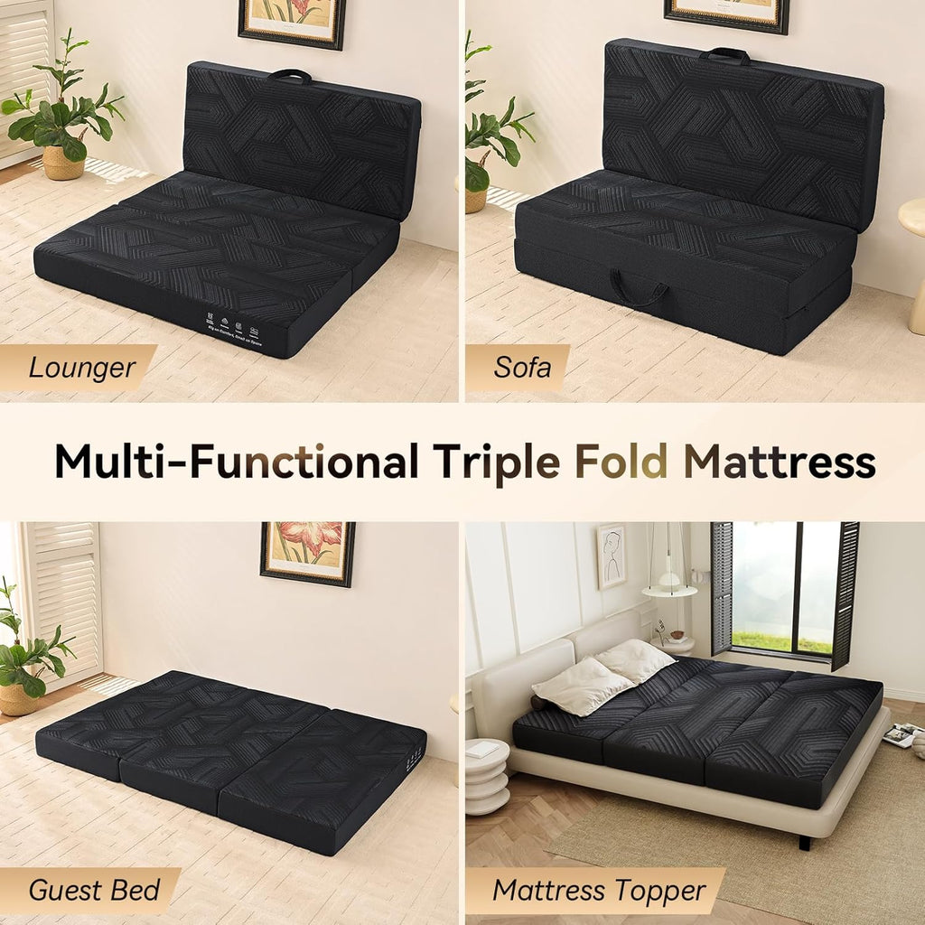 Trifold Mattress, 6 Inch Memory Foam Tri-Fold Mattress Queen Size, Foldable Sofa Bed with Washable Cover, Handles and Non-Slip Bottom for Yoga, Living Room, Camping, 78"x 58" x 6", Black