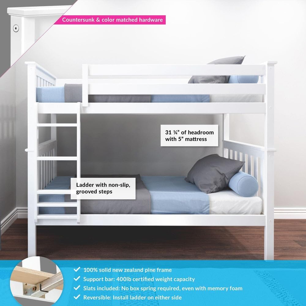 Max & Lily Bunk Bed Twin over Twin, Solid Wood Bunk Bed Frame with Ladder for Kids, 14" Safety Guardrails, Easy Assembly, No Box Spring Needed, White