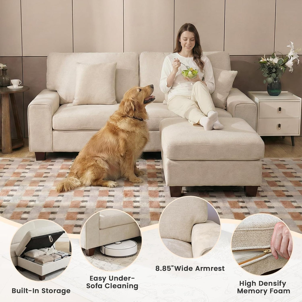 DOPEDIO L-Shaped Sectional Sofa with Storage Ottoman, Modern Chenille Recliner Loveseat, Removable Couch Covers, Pocket Spring Cushions, Solid Wood Frame, Easy to Install (71.25inch, Beige)