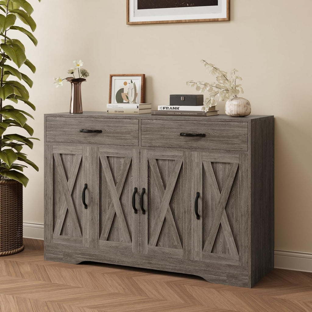 Sideboard Cabinet with Drawers, 47" W Sideboard Buffet Storage Cabinet with Storage for Kitchen, Farmhouse Coffee Bar Cabinets with Shlves and Doors for Hallway, Gray