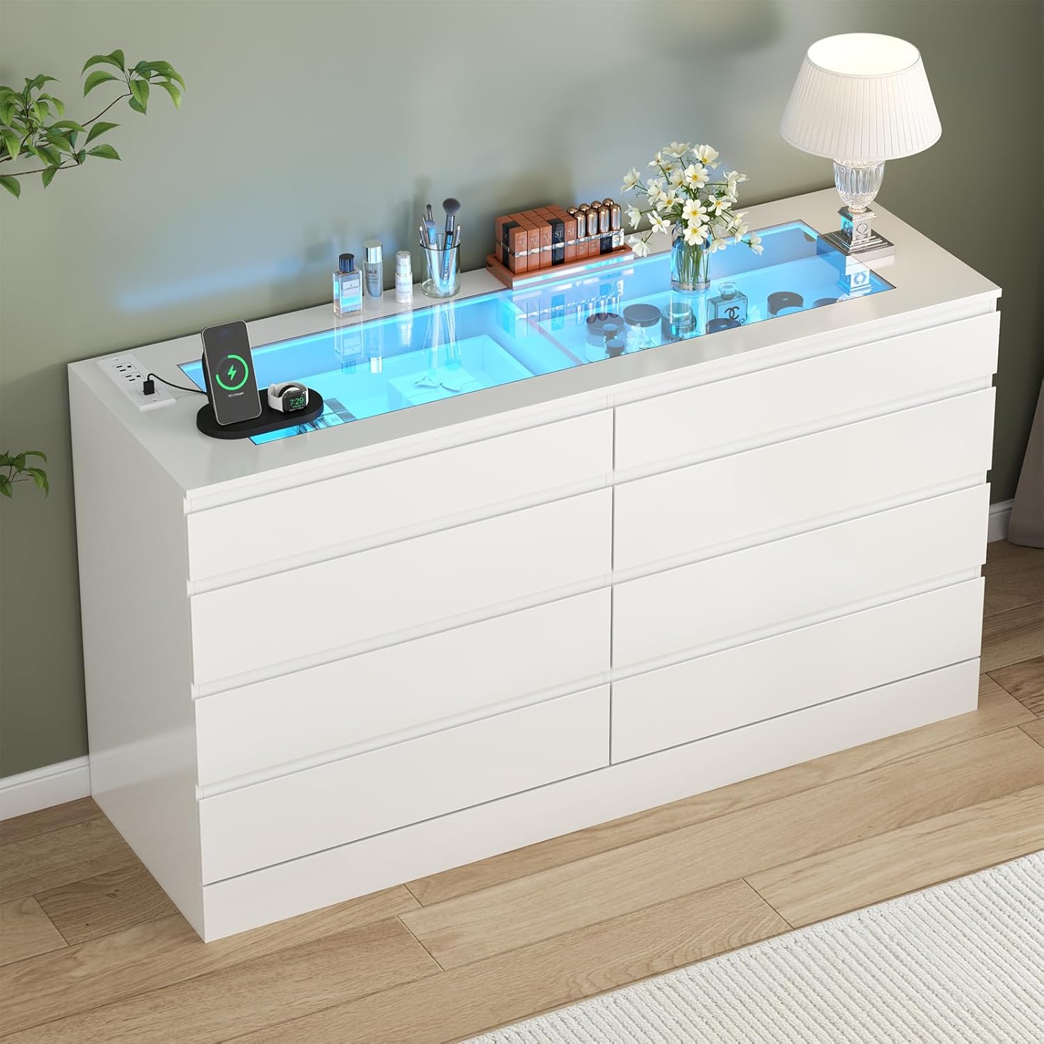 8 Drawer Dresser with Power Outlet, Modern Chest of Drawers with LED Light & Glass Top, Wood Double Dresser TV Stand with Organizer Storage for Bedroom, Living Room, Closet (White)