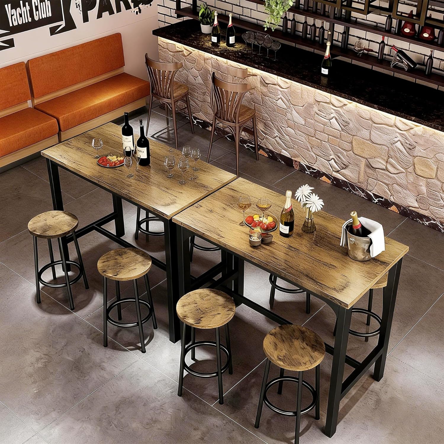 HOMCOM 5-Piece Counter Height Bar Table Set, Rustic 43.25" Dining Table with 4 Bar Stools, Kitchen Table with Wooden Top for Pub, Dining Room, Rustic Brown
