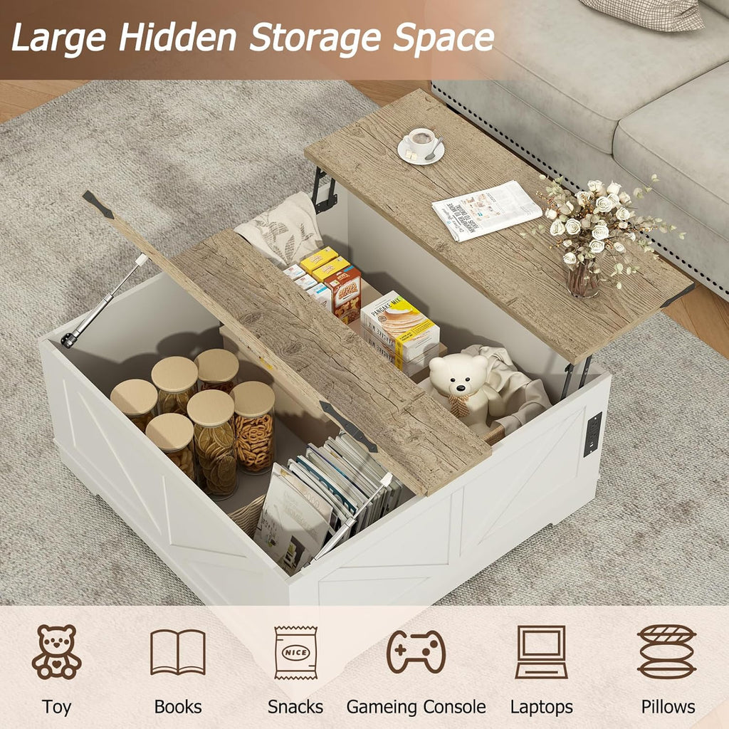 EAG 40" Large Farmhouse Lift Top Coffee Table with Hidden Compartment & Power Outlets, Square Wooden Coffee Table with Multi-Function Flip-Top Ample Storage Center Table for Living Room, White