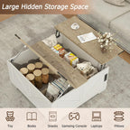 EAG 40" Large Farmhouse Lift Top Coffee Table with Hidden Compartment & Power Outlets, Square Wooden Coffee Table with Multi-Function Flip-Top Ample Storage Center Table for Living Room, White