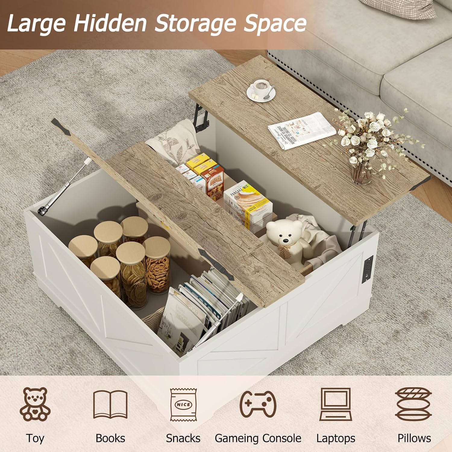 EAG 40" Large Farmhouse Lift Top Coffee Table with Hidden Compartment & Power Outlets, Square Wooden Coffee Table with Multi-Function Flip-Top Ample Storage Center Table for Living Room, White