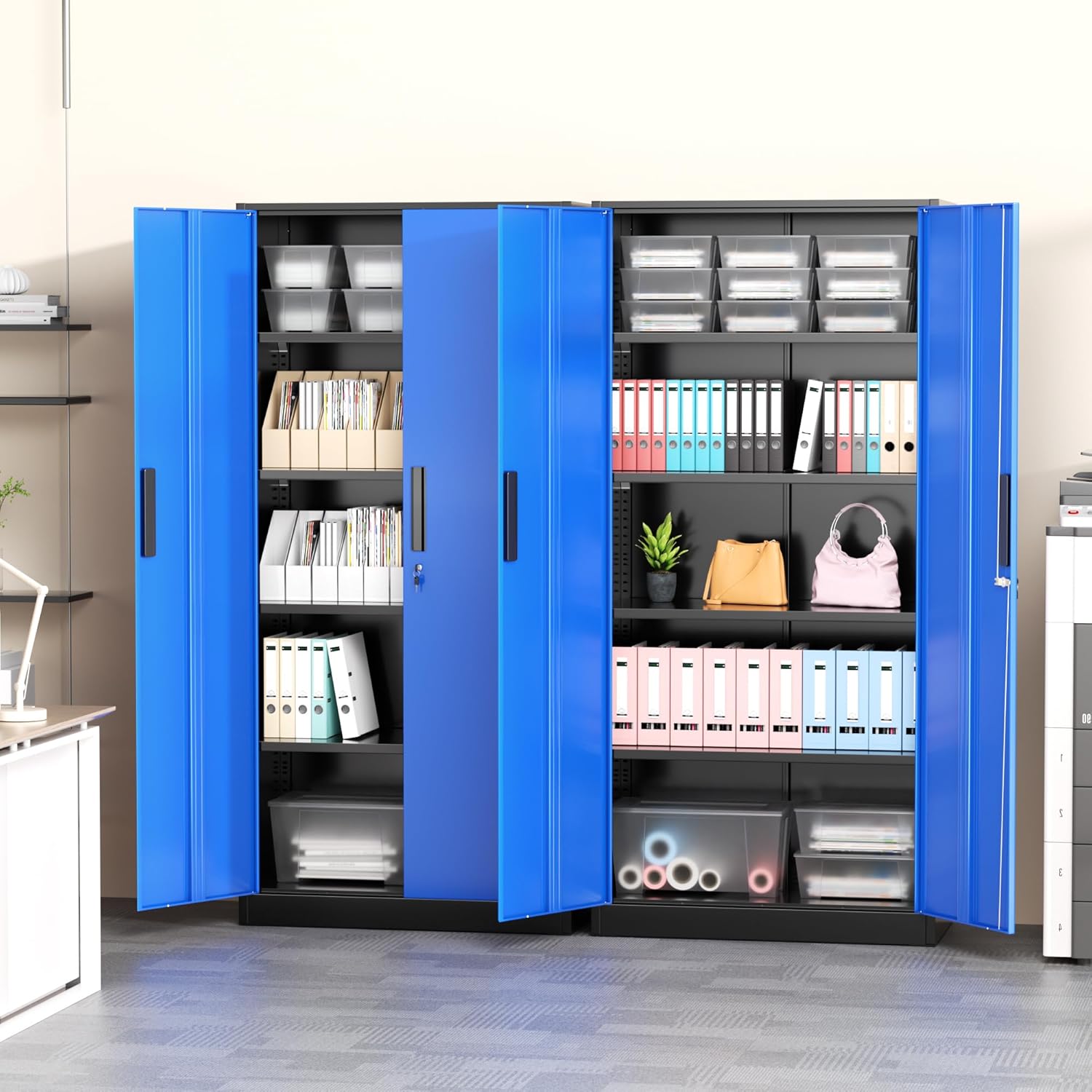 Greenvelly Metal Garage Storage Cabinet, 72" Tall Steel Storage Cabinets with 2 Doors and 4 Adjustable Shelves, Metal Tool Cabinets, Locking File Cabinet for Home Office, Garage, School (Black Blue)