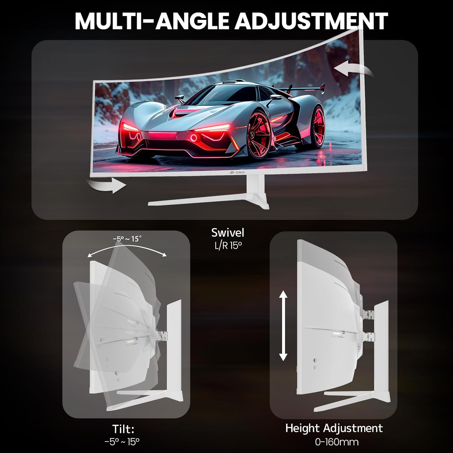 CRUA 49" White Curved Monitor | DQHD(5120 * 1440)  120Hz  1500R  32:9  AMD FreeSync  120% sRGB  Height Adjustable Ultra-Wide Screen Computer Monitors  HDMI 2.1 & DP 1.4  Wall Mount Install