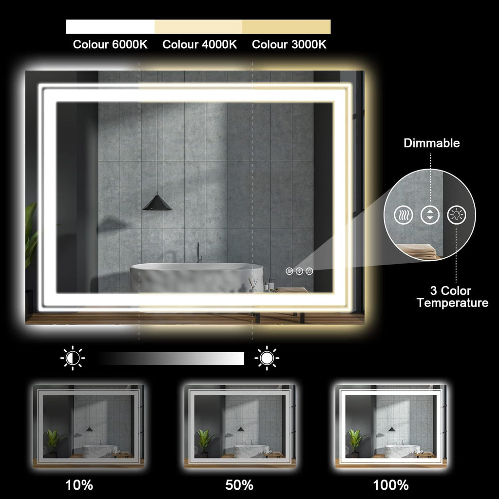 LED Bathroom Mirror, 48"X32" with Front and Backlit, Anti-Fog, Large Bathroom Vanity Mirror for Wall, Memory Function, Stepless Dimmable, Tempered Glass (Horizontal/Vertical)