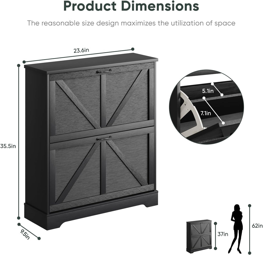 Smart FENDEE Shoe Cabinet, Shoe Storage Cabinet for Entryway with 2 Flip Drawers, Narrow Farmhouse Shoe Organizer Cabinet, Slim Shoe Rack Cabinet, 31.5in Black