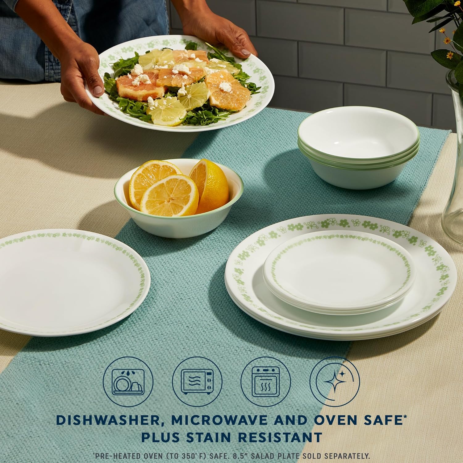 Corelle Vitrelle 18 Piece Glass Dinnerware Sets Service for 6, Triple Layer Chip & Crack Resistant Glass Plate and Bowl Sets, Spring Blossom Green