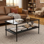 Casaphoria Rectangle Coffee Table, Modern 2-Tier Center Table with Gray Tempered Glass Top & Black Metal Legs, Living Room Furniture with Open Storage Shelf, 38.4 Inch