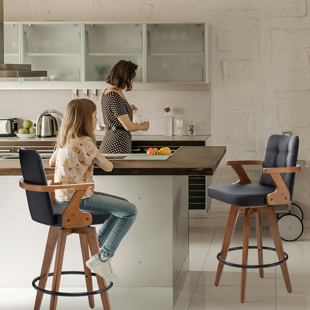 Black Bar Stools Set of 2, Kitchen Bar Stools 30” H,Modern Leather Bar Height Chairs with Back,Kitchen Island Chairs,Swivel Stools for Kitchen Island