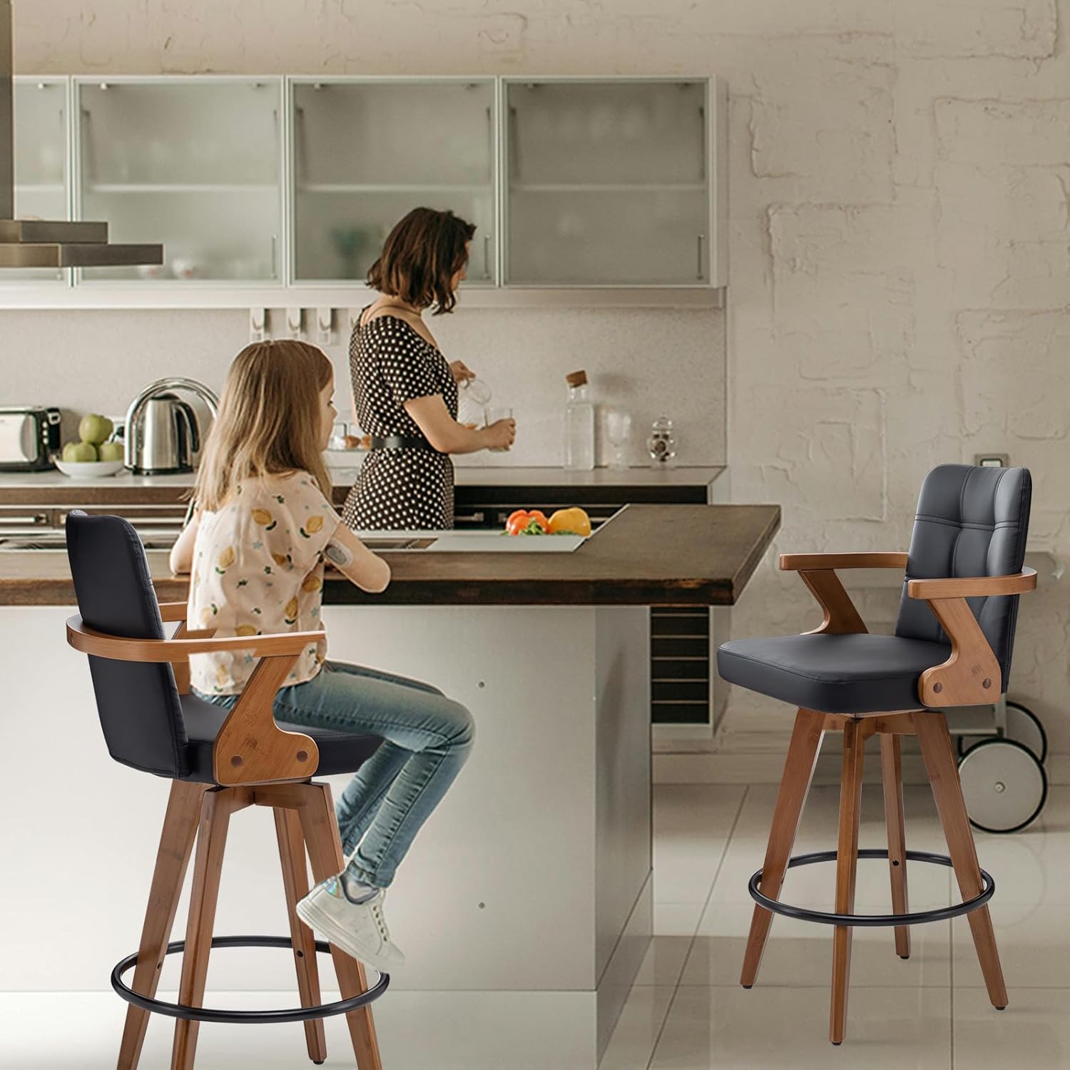 Black Bar Stools Set of 2, Kitchen Bar Stools 30” H,Modern Leather Bar Height Chairs with Back,Kitchen Island Chairs,Swivel Stools for Kitchen Island
