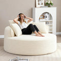 Oversized Round Chair Lounge Chaise Indoor, 53.5" Upholstered Corduroy Deep Seat Single Cloud Sofa Chair, Fluffy Modern Large Circle Boneless Sleeper Sofa for Living Room, Bedroom, Beige White