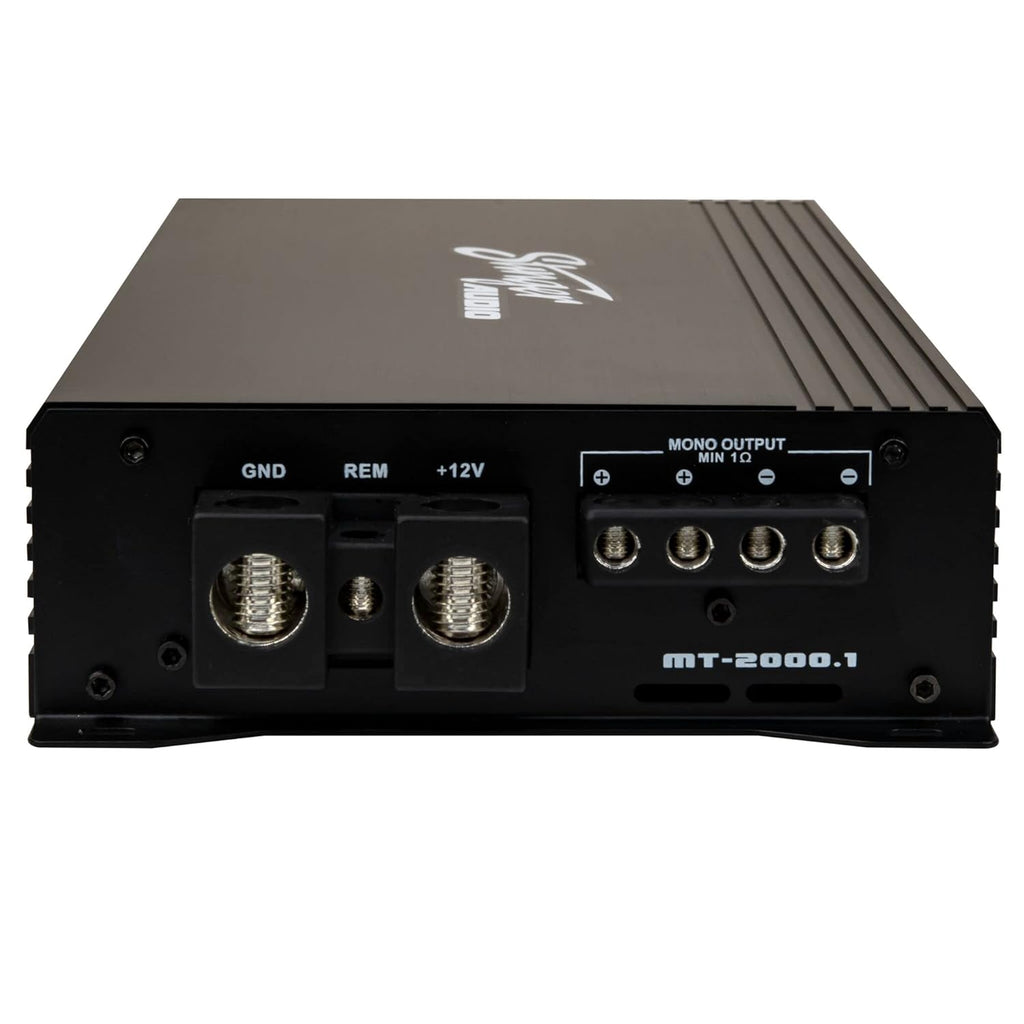 Stinger Audio MT20001 1-Channel Monoblock 2000 Watt RMS Car Audio Subwoofer Amplifier w/Remote Control Bass Knob  Class D  Hexfet Mosfet  Subsonic Filter  Low-Pass Filter  Bass Boost Q