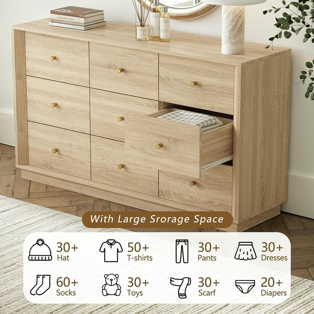 9 Drawer Dresser, Mid Century Modern Dresser with Storage, 55" Wide Chest of Drawers with Wood Grain Texture, Dressers TV Stand for Bedroom, Living Room, Hallway, White Oak