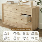 9 Drawer Dresser, Mid Century Modern Dresser with Storage, 55" Wide Chest of Drawers with Wood Grain Texture, Dressers TV Stand for Bedroom, Living Room, Hallway, White Oak