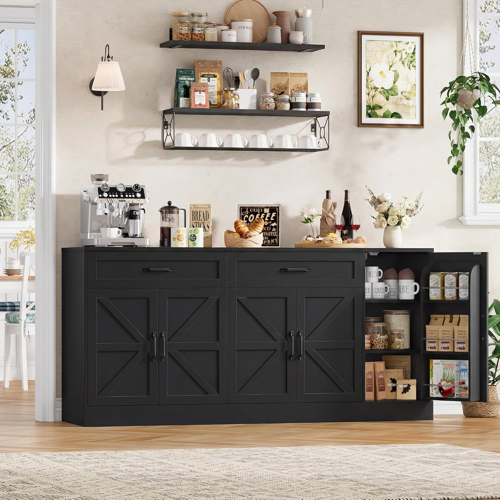 71” Large Sideboard Buffet Cabinet with Storage, Farmhouse Buffet Cabinet with Adjustable Shelves and 3 Door Shelves, Wood Coffee Bar Console Table for Kitchen, Dining Room (Black)