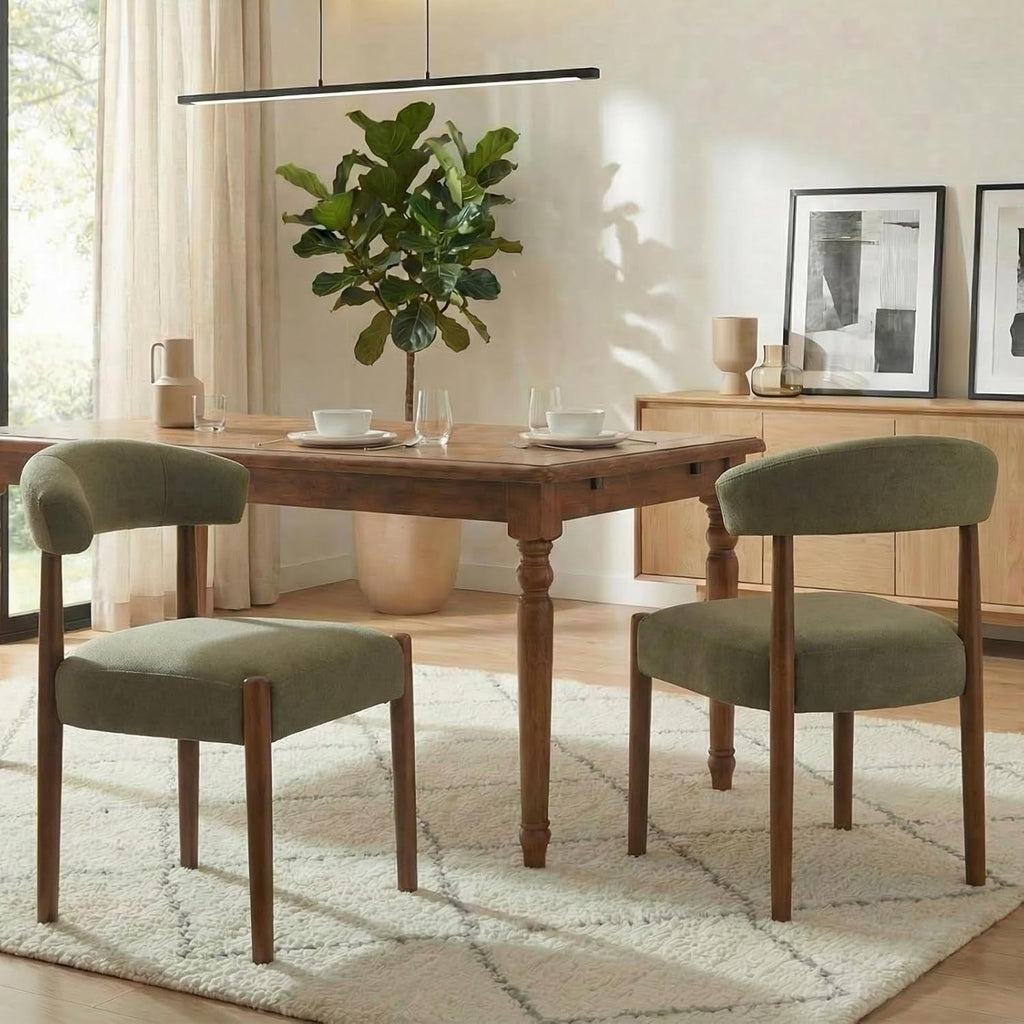 VKNOW Wooden Dining Chairs Set of 4, Modern Upholstered Dining Room Chairs with Walnut Wood Legs and Curved Backrest, Fabric Kitchen Chairs for Farmhouse/Living Room/Dining Room, Green