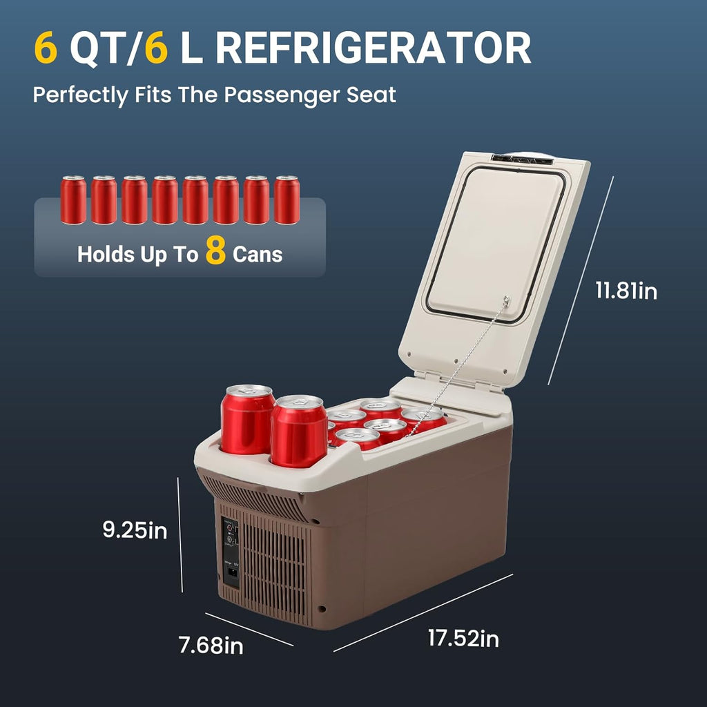 ICEROVER 12V Car Refrigerator Cooler/Warmer 6 Quart (6L) 40℉~140℉,12 Volt DC &110V AC, Electric Car Fridge Portable Compact Camping Cooler,Thermoelectric 12V Small Fridge for Car,RV,Camping (Brown)