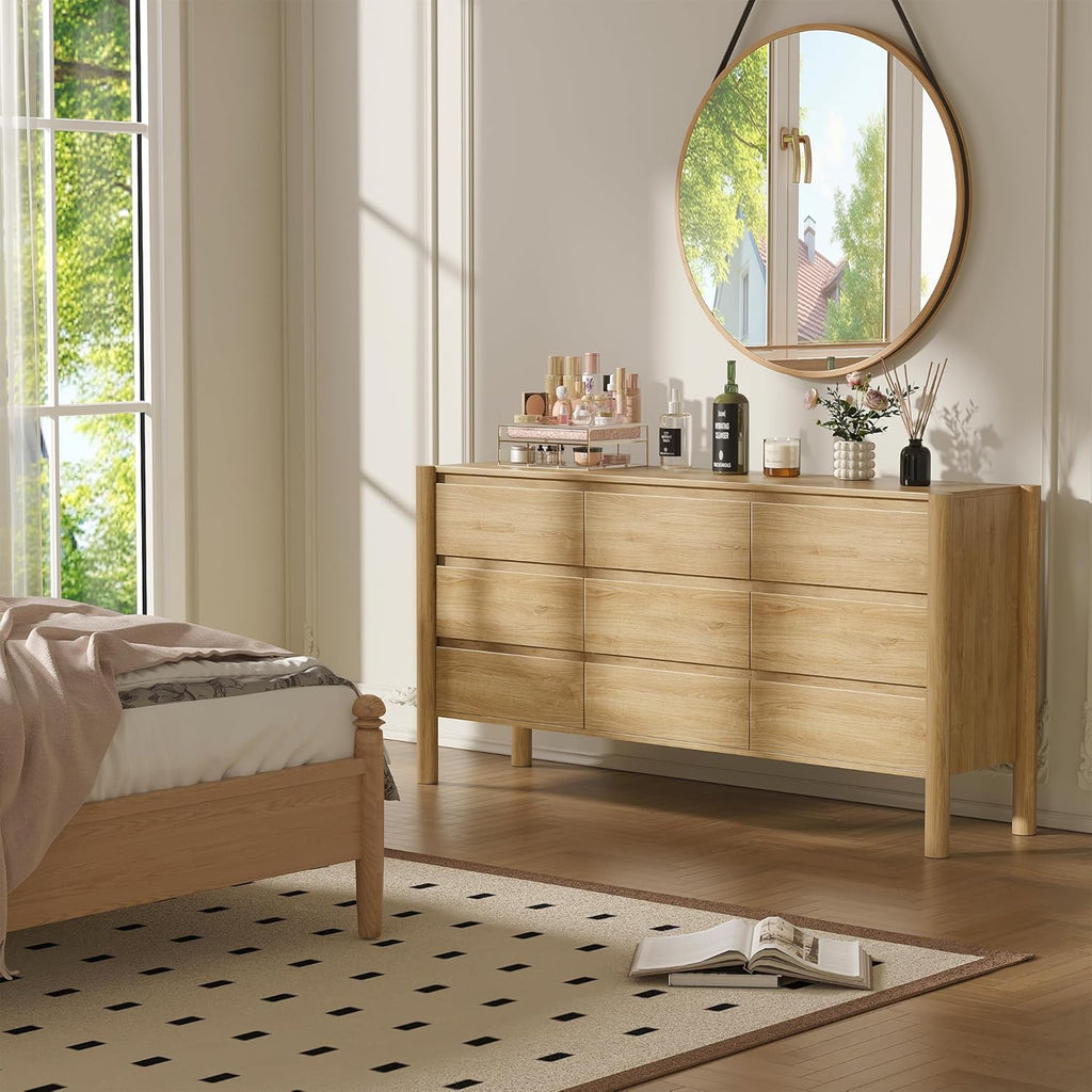 CHUWELL Oak Dresser for Bedroom, 63" Wide Mid Century Modern Chest of Drawers with 9 Large Storage Space and 4 Solid Wood Cylindrical Legs, 9 Drawer Large Dresser for Bedroom