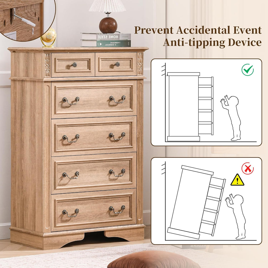 Farmhouse Dresser and Nightstand Sets, 6-Drawer with 7 Drawer Dresser & 3 Drawer Nightstand Sets, 4 Pieces Rustic Wood Bedroom Furniture Set for Home, Bedroom, Hallway(Natural)