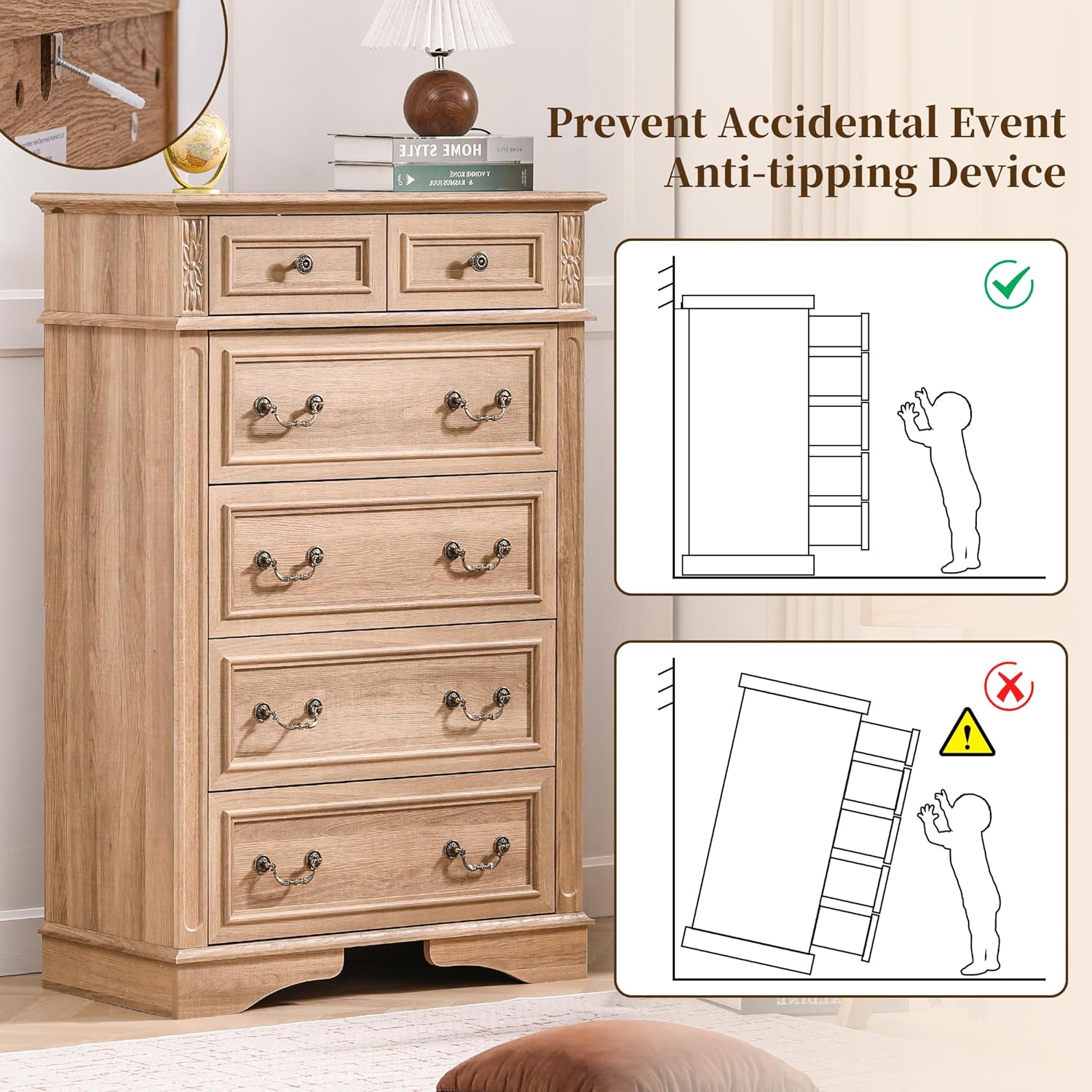 Farmhouse Dresser and Nightstand Sets, 6-Drawer with 7 Drawer Dresser & 3 Drawer Nightstand Sets, 4 Pieces Rustic Wood Bedroom Furniture Set for Home, Bedroom, Hallway(Natural)