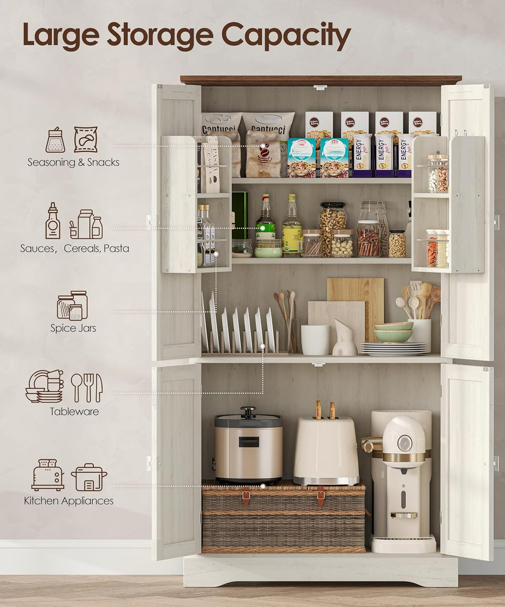 Akxomel 53.1" H Tall Bathroom Storage Cabinet with 4 Door Shelves, Farmhouse Kitchen Pantry Cabinet with 4 Doors, Linen Bathroom Floor Cabinet for Kitchen, Bathroom, Living Room, Rustic White