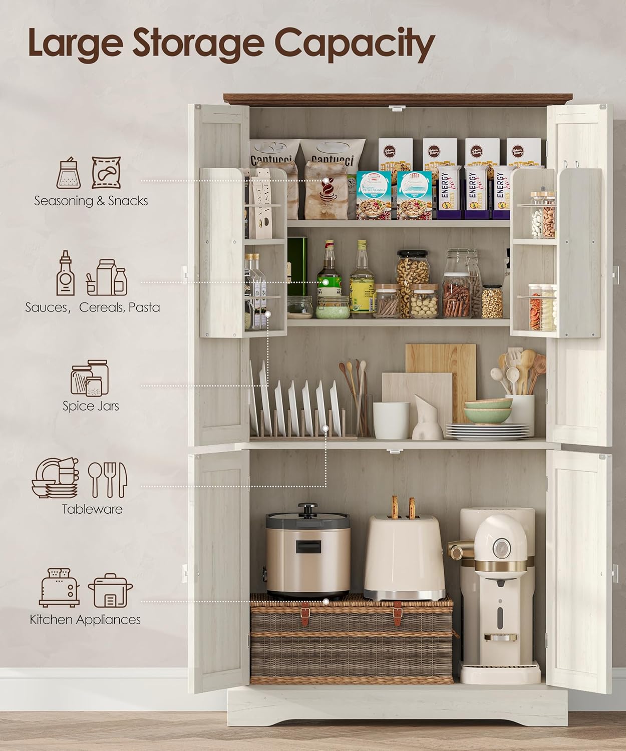 Akxomel 53.1" H Tall Bathroom Storage Cabinet with 4 Door Shelves, Farmhouse Kitchen Pantry Cabinet with 4 Doors, Linen Bathroom Floor Cabinet for Kitchen, Bathroom, Living Room, Rustic White