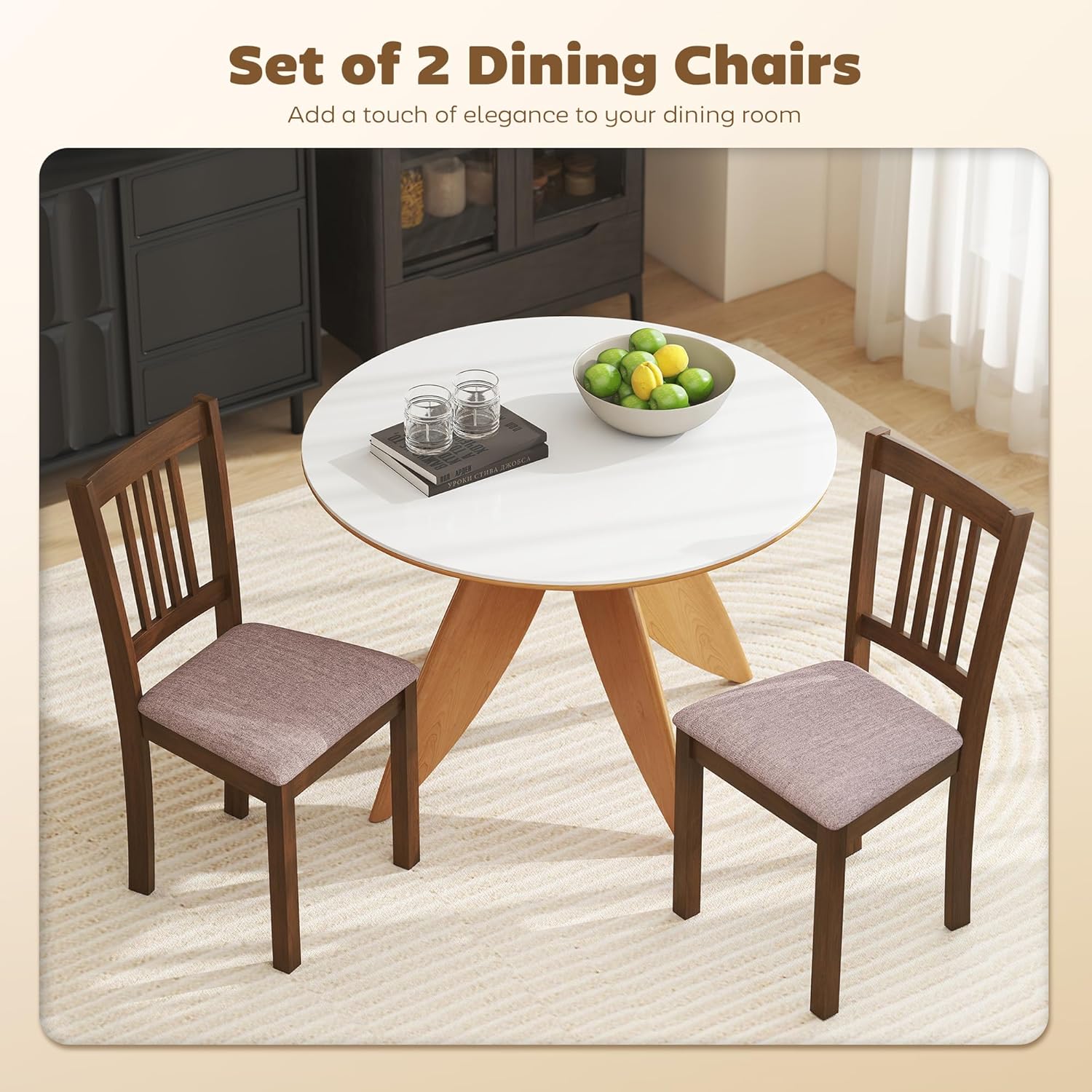 HOMCOM Dining Chairs Set of 2, Solid Wood Kitchen Chairs, Mid Century Modern Linen Fabric Upholstered for Dining Room, Living Room, Walnut Frame and Taupe Upholstery