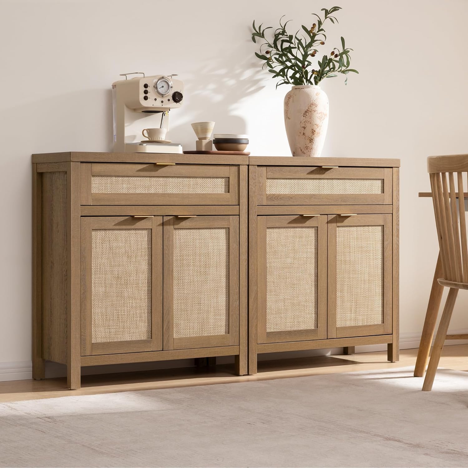 SICOTAS Sideboard Buffet Cabinet Set of 2, Rattan Credenza Storage Cabinet, Boho Buffet Table Console Cabinets with Drawer, Farmhouse Coffee Bar for Entryway Living Room, Natural Oak