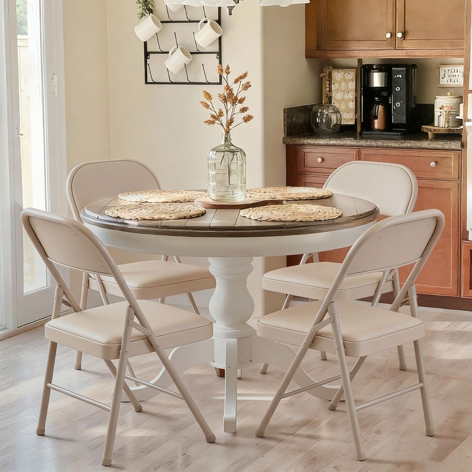 YLGJ&TIDY Set of 4 Folding Chairs with Padded Cushion and Steel Legs Portable Foldable Chairs Metal Folding Chair for Outside Indoor Dining Room Office Party, No Assembly, Beige