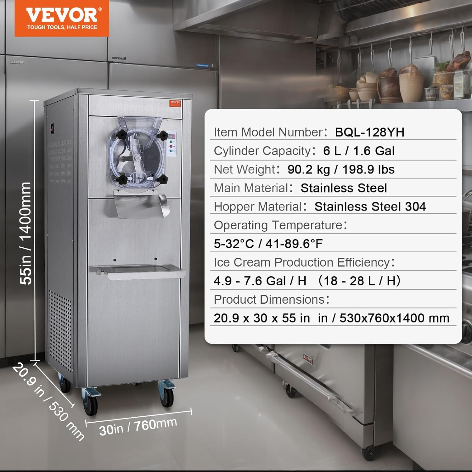 VEVOR Ice Cream Maker for Commercial Use, Produces 18 Liters per Hour, 1780W, Offers Single Flavor, Equipped with Wheels, 6L Stainless Cylinder, LED Display, Automatic Cleaning & Pre-cooling Functi