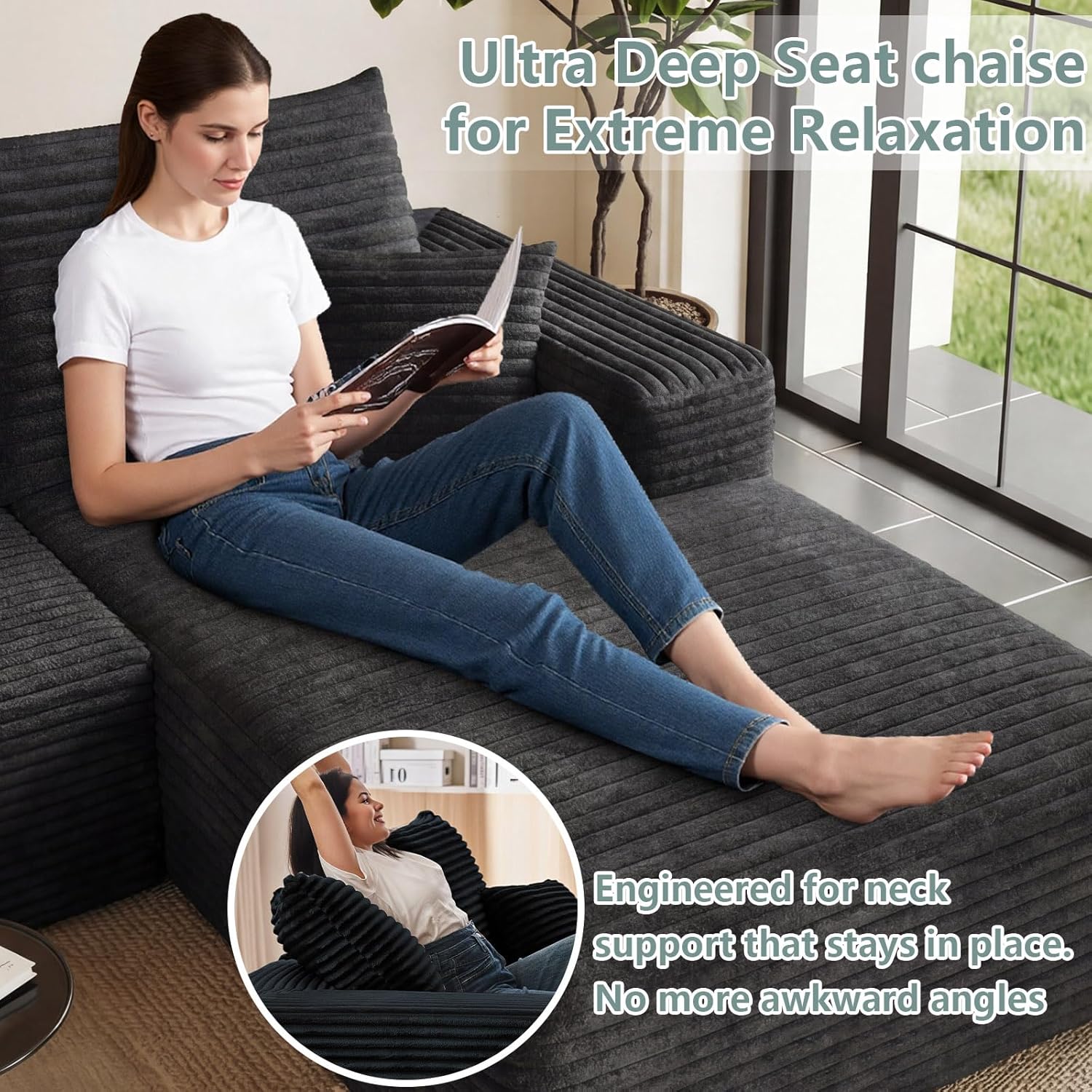 Modular Sectional Sofa Cloud Sectional Couch, 95" Comfy Fluffy L-Shaped Couches for Living Room, Deep Seat Memory Foam Plush Corduroy Boneless Couch Sectionals No Assembly (Black,Right-Facing Chaise)