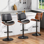 Swivel Bar Stools Set of 3, Adjustable Bentwood Barstools for Kitchen Counter, Modern PU Leather Upholstered Bar Chair with Back and Footrest, for Kitchen Island, Bar, Dining Room, Black