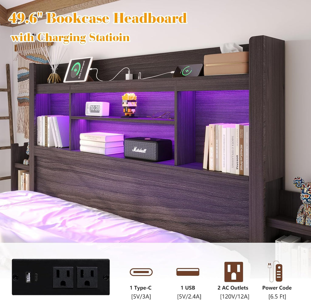 King Bed Frame with 49.6" Bookcase Headboard & 2 Bedside Stoage Racks & 4 Drawers, Farmhouse Wood Bed Frame with RGB LED & Charging Station, No Box Spring Needed, Black