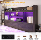 King Bed Frame with 49.6" Bookcase Headboard & 2 Bedside Stoage Racks & 4 Drawers, Farmhouse Wood Bed Frame with RGB LED & Charging Station, No Box Spring Needed, Black