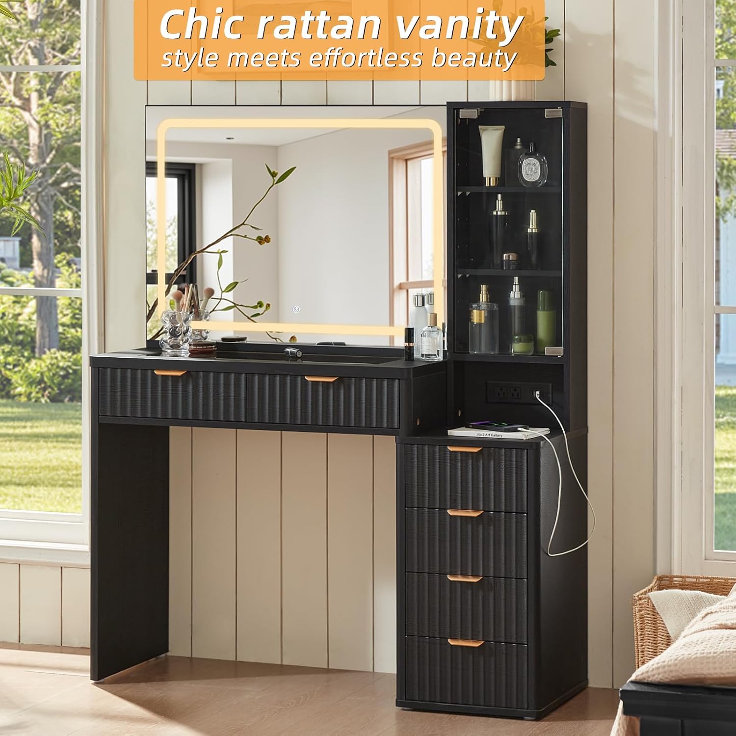 LEYAOYAO Vanity Desk with Mirror and Lights, 43.5'' Fluted Makeup Vanity with 6 Drawers and Adjustable Shelves, Black Wood Make Up Vanity Dressing Table with Glass Top and Power Outlet for Bedroom