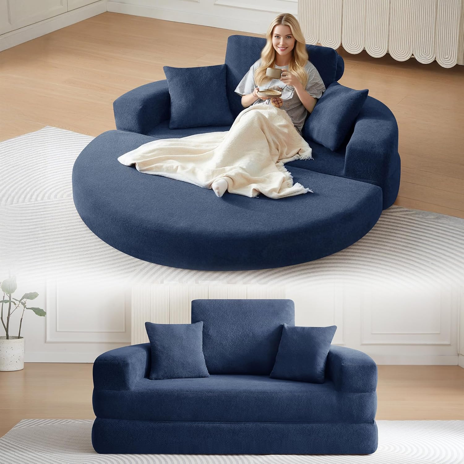 71" Boneless Couch Sofa Bed Oversized Round Couch 2-in-1 Foldable Floor Loveseat Sofa for Living Room and Apartment No Assembly.(Blue, 71")