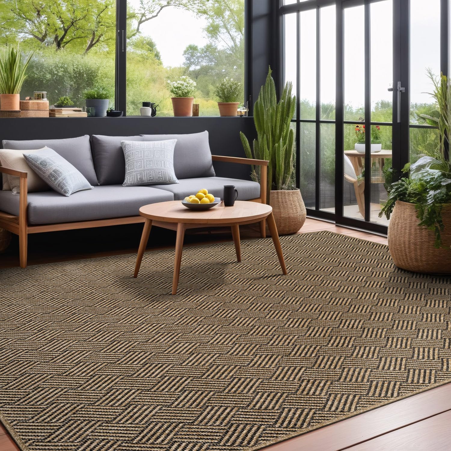 Easy Jute Rugs 9x12 Herringbone Natural Color Living Room Indoor Outdoor Area Rug for Patio and Kitchen Rug High Traffic Washable Easy to Clean Solid Boho Woven Design Carpet (9 x 12)