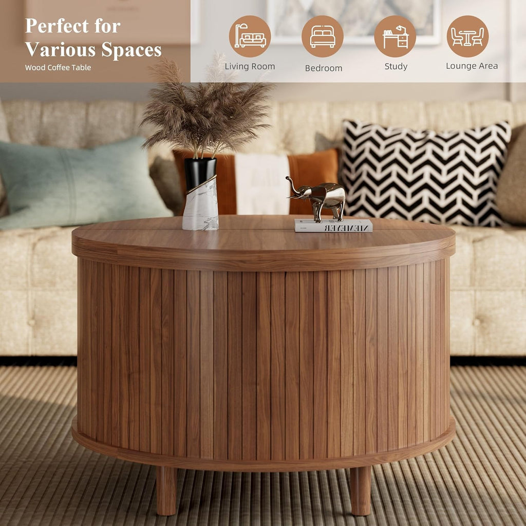 Easyego Fluted Round Coffee Table with Hidden Storage, 31.5" Mid-Century Modern Wood Drum Table for Living Room, Small Space Apartment Furniture, Walnut