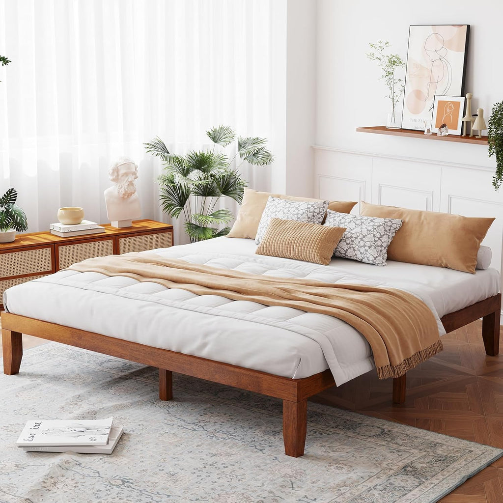Giantex 14 Inch King Wood Platform Bed Frame, Minimalist Style Mattress Foundation with Solid Rubber Wood, Heavy Duty Slat Support, Without Headboard, Easy Assembly, No Box Spring Needed, Walnut