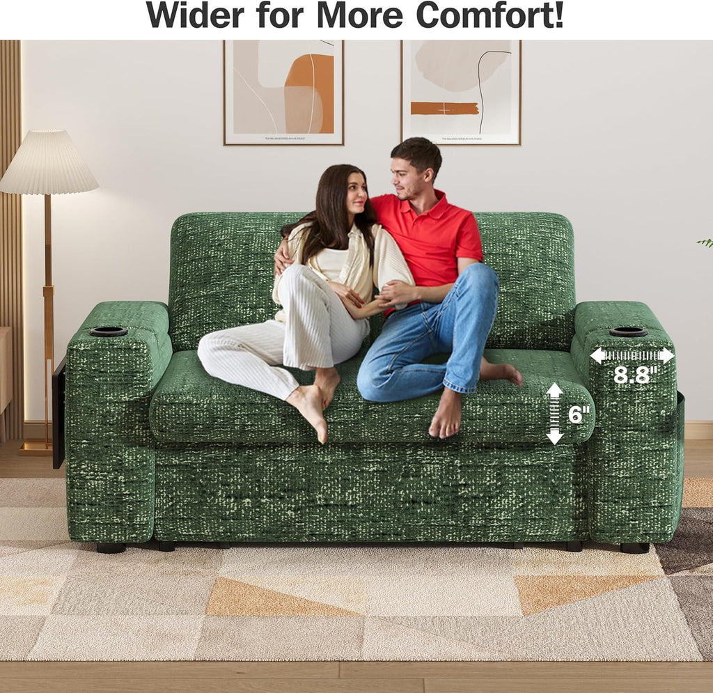 Vipbear 65" Loveseat Sleeper Sofa with Pull Out Bed, Chenille 3-in-1 Convertible Sofa Bed with Reclining Backrest|USB Ports|Cup Holders|Side Table|Storage Armrests, Tool Free Assembly, Green