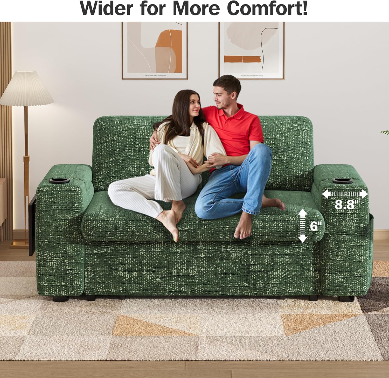 Vipbear 65" Loveseat Sleeper Sofa with Pull Out Bed, Chenille 3-in-1 Convertible Sofa Bed with Reclining Backrest|USB Ports|Cup Holders|Side Table|Storage Armrests, Tool Free Assembly, Green