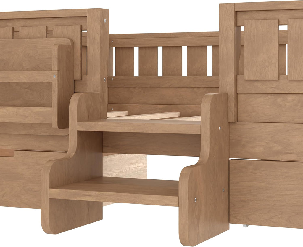 Bellemave Full Size Kids Montessori Bed with Stairs and Bookshelf,Solid Wood Full Size Kids Bed Frame with Drawers and Storage for Girls Boys,Low-Profile,Natural