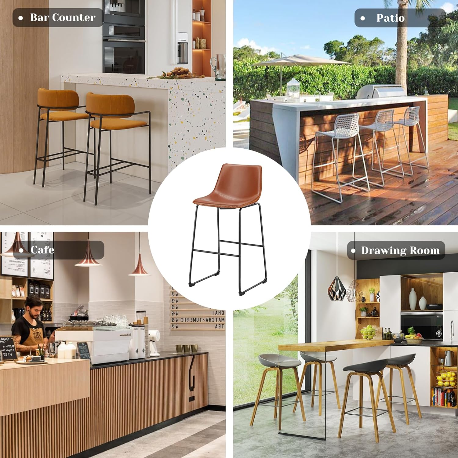Sweetcrispy Counter Height Bar Stools Set of 4, 30 inch Height Stool Faux Leather Barstools with Back, Armless Kitchen Island Countertop Comfortable Modern Chairs with Metal Legs - Brown