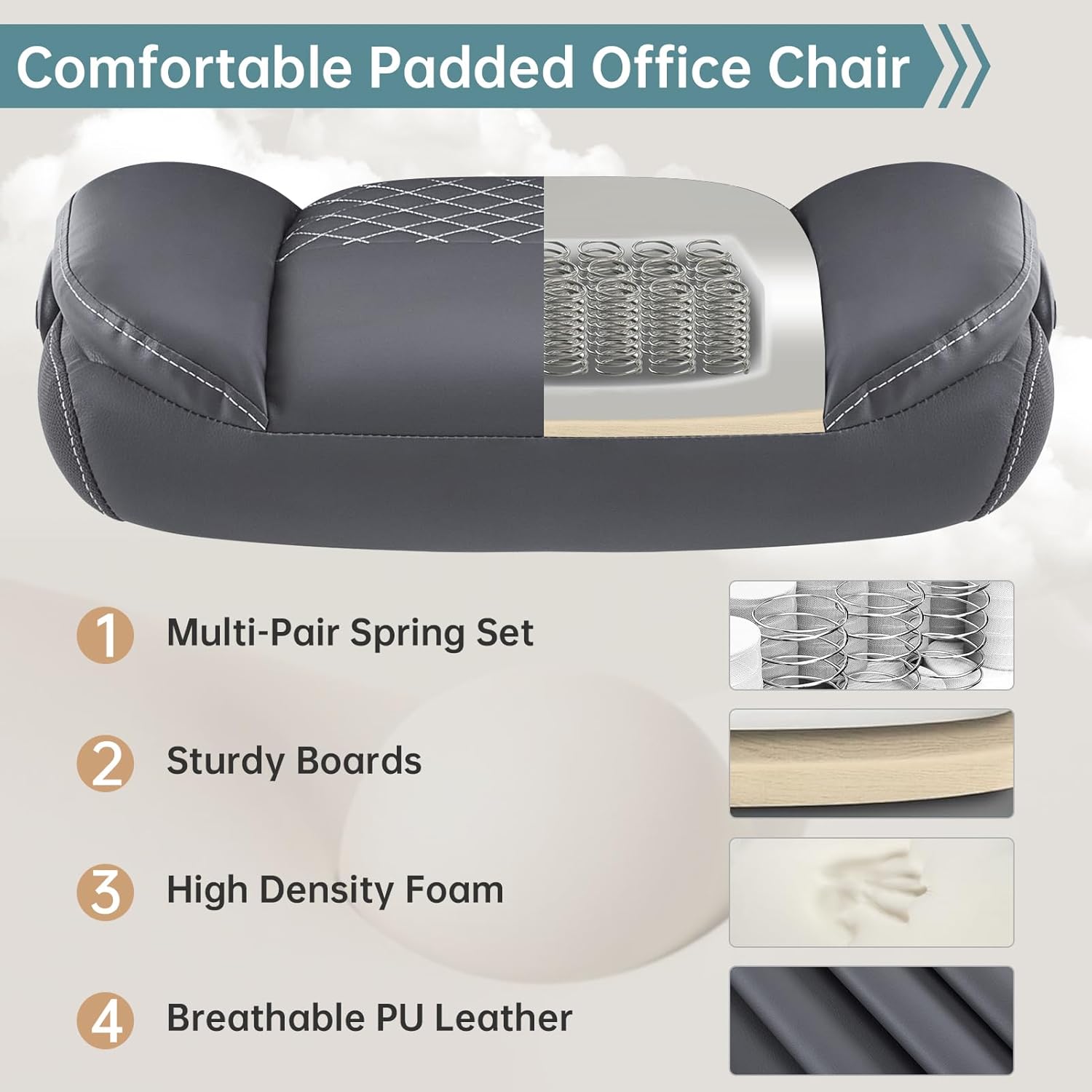 YFO Leather Office Chair, Ergonomic Home Office Desk Chair, Back Support Swivel Executive Office Chair with Wheels and Flip-Up Armrests, Small Gaming Chair with Adjustable Rocking Function, Grey