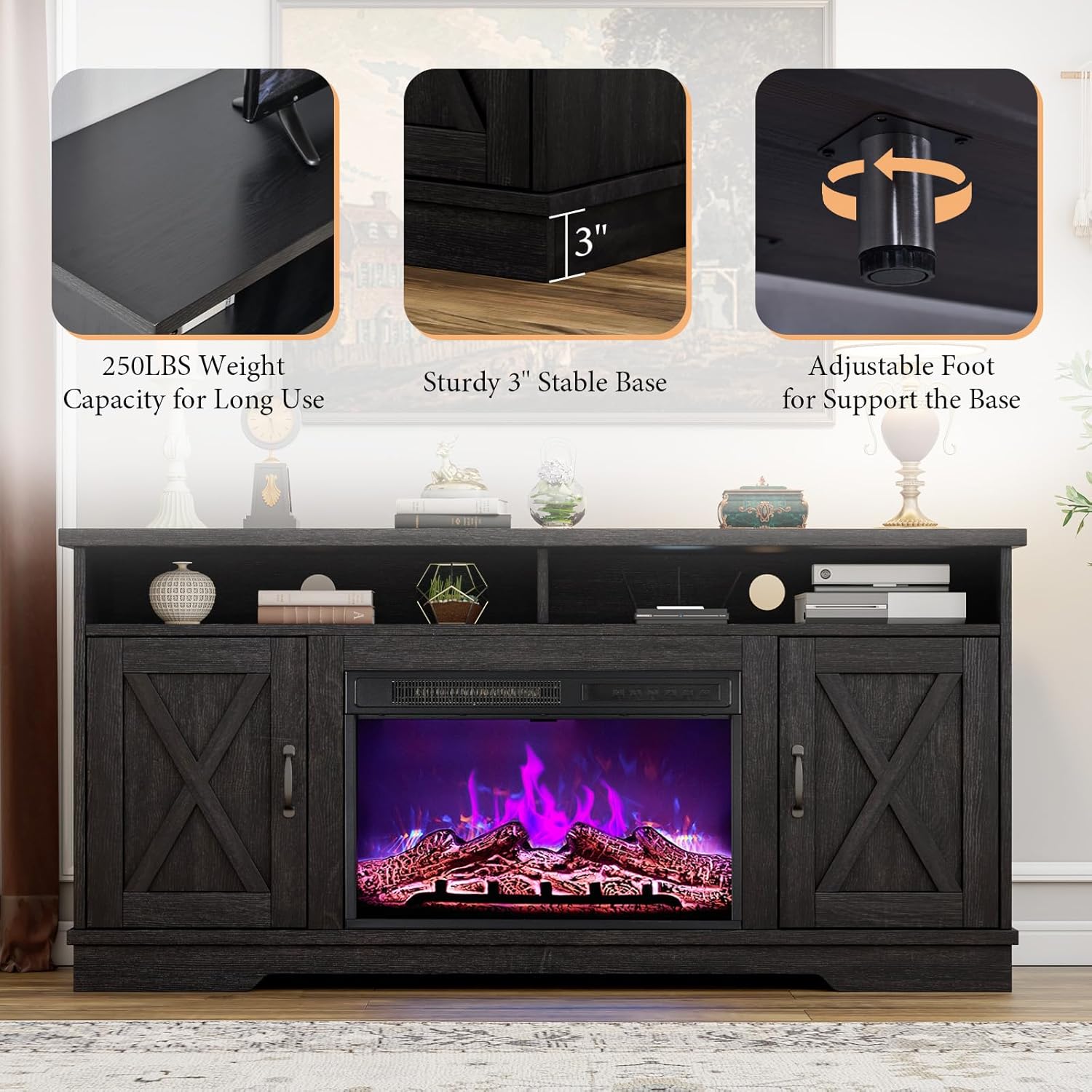 AMERLIFE 63" Farmhouse TV Stand with 26" Fireplace, for TVs up to 73", Entertainment Center with Adjustable Shelf & Barn Doors, TV Console Cabinet for Living Room, Antique Black & Oak