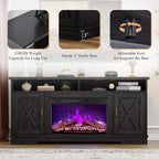 AMERLIFE 63" Farmhouse TV Stand with 26" Fireplace, for TVs up to 73", Entertainment Center with Adjustable Shelf & Barn Doors, TV Console Cabinet for Living Room, Antique Black & Oak