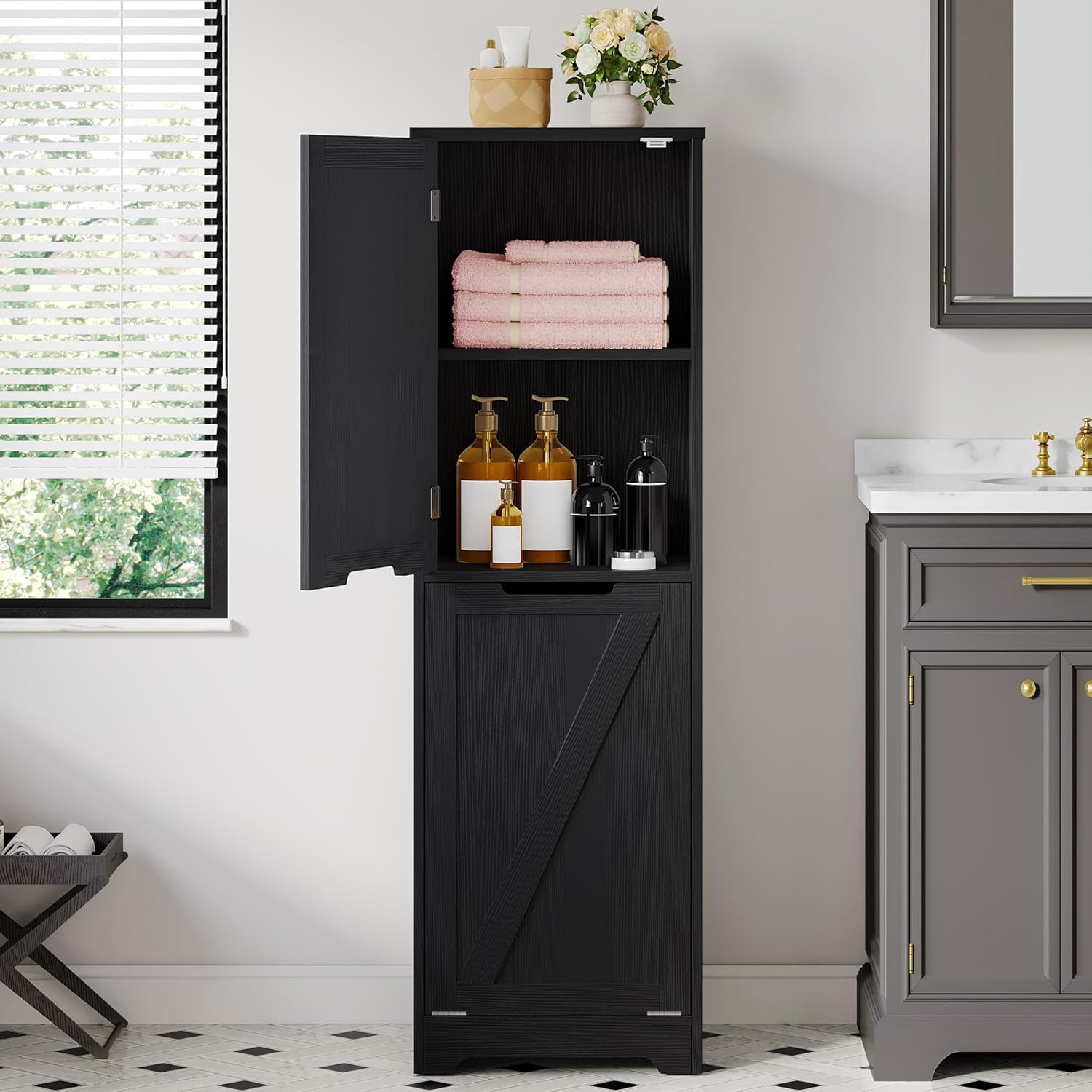 DWVO Tilt Out Laundry Hamper - 53" Tall Bathroom Storage Cabinet Laundry Cabinet with Adjustable Shelves and Clothes Basket, Laundry Hamper Shelf for Laundry Room Bathroom Organizer, Black
